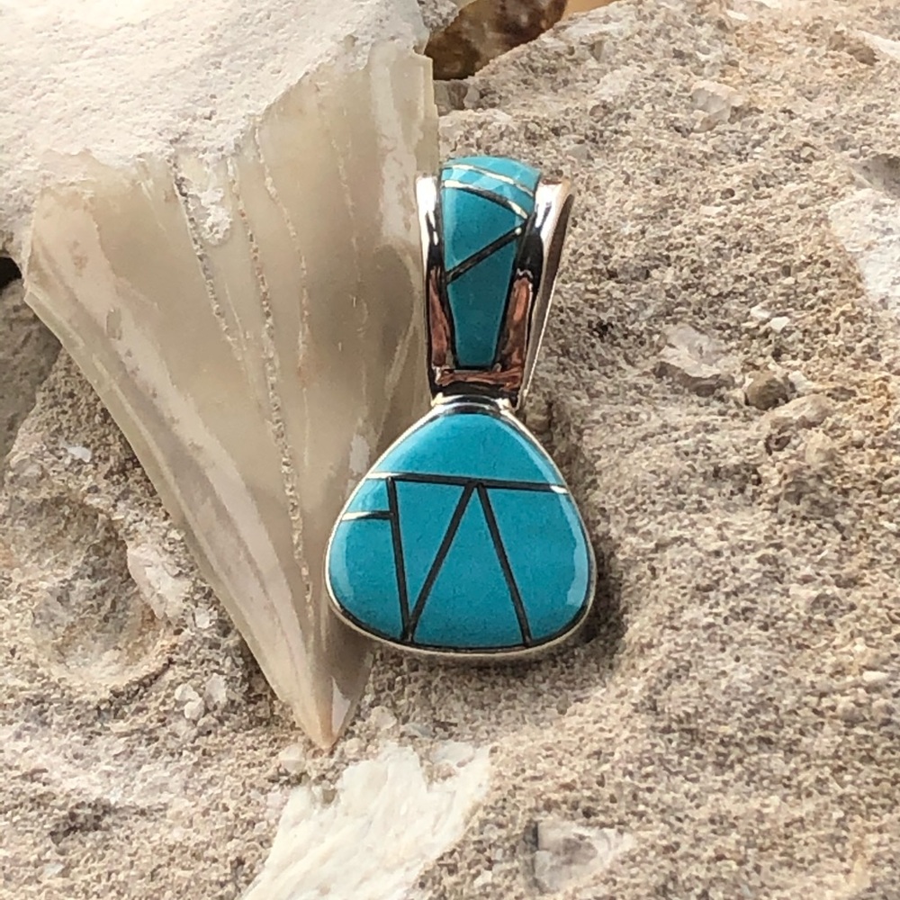 Zuni Inlaid Drop Turquoise Silver Pendant - Picture 4 of 8